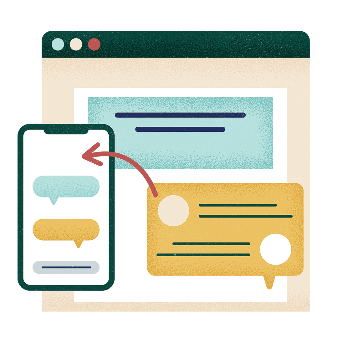 Illustration of a webchat box converting to a text converstion.